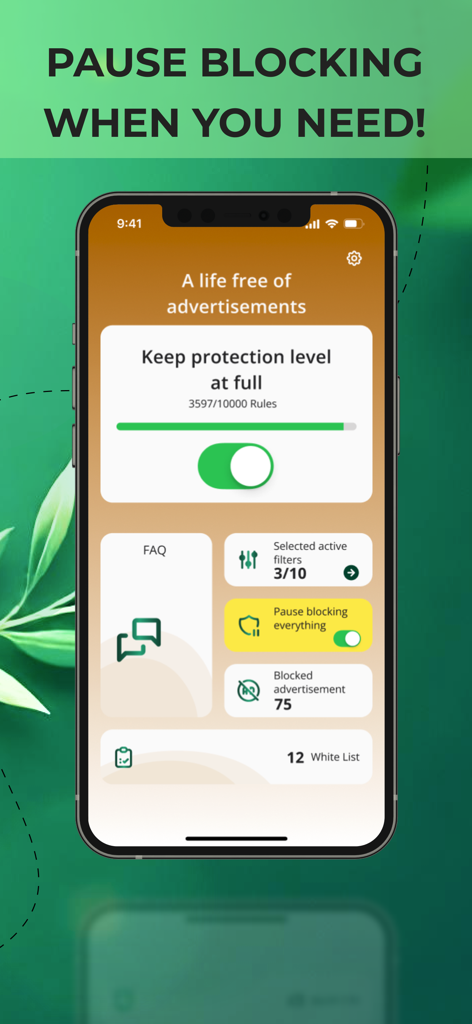 AI Ad Blocker: Safari Adblock - Interfaccia dell'app AI Ad Blocker che mostra l'interruttore di pausa del blocco e lo stato di protezione