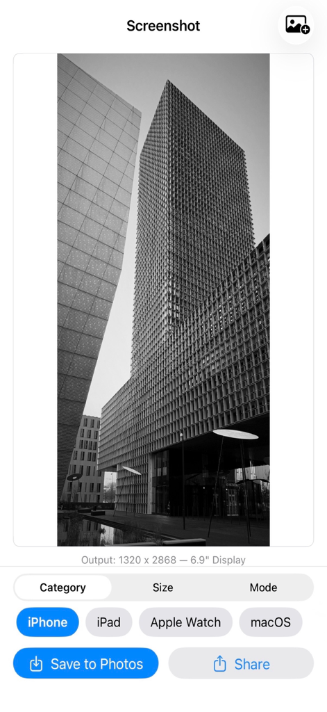 Interfaz de la aplicación ScreenshotResize mostrando una vista previa de resolución de pantalla de iPhone de 6.9 pulgadas