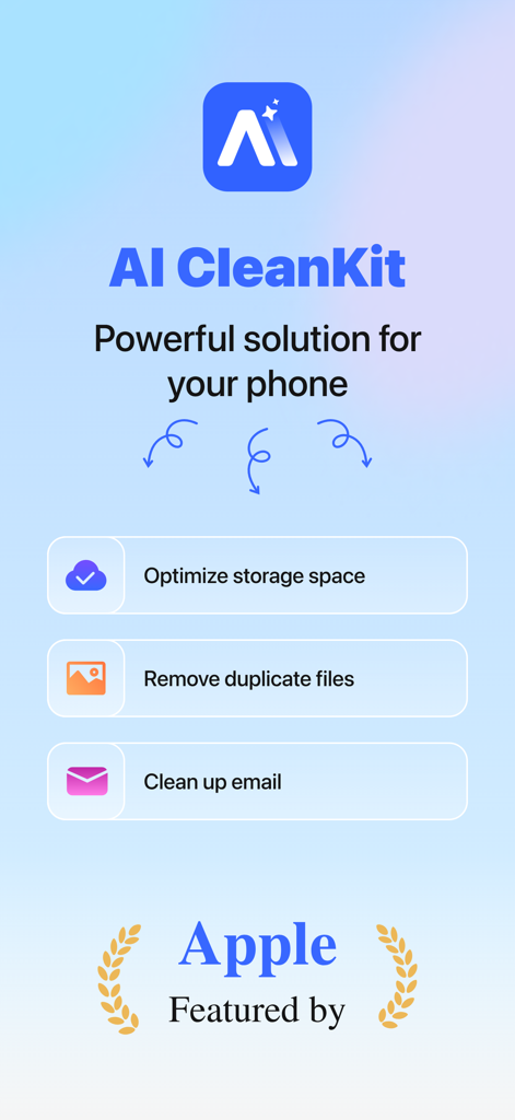 AI CleanKit app interface showing options for storage optimization duplicate file removal and email cleanup