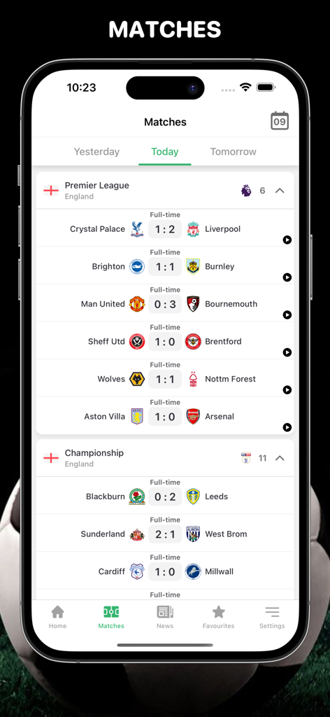 Golasso - Football Livescore - Mobile app interface displaying real-time soccer match scores and league schedules