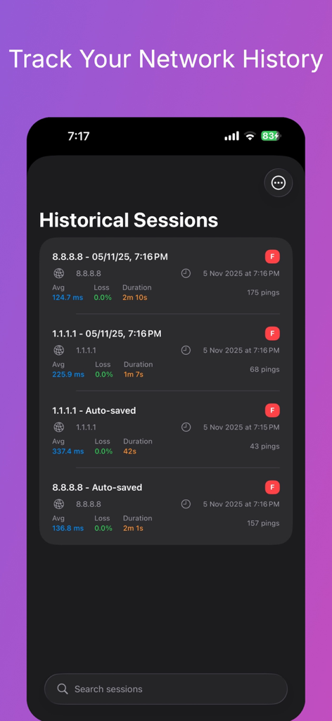 Ping – Network Tools - Screenshot of the Historical Sessions screen in the Ping app showing a list of past network ping test results with latency and packet loss data.