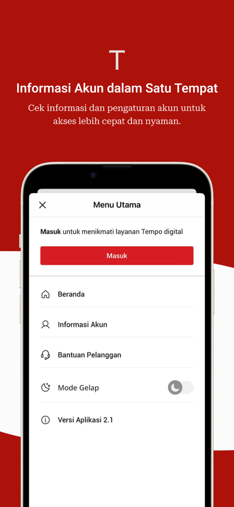 TEMPO - Menú principal de la aplicación Tempo mostrando información de la cuenta, soporte al cliente y configuraciones de modo oscuro en indonesio.