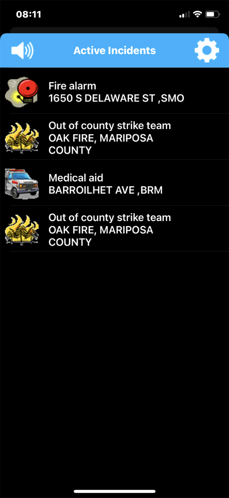 Mobile app screen showing a list of active emergency incidents including fire alarms and medical aid with location details