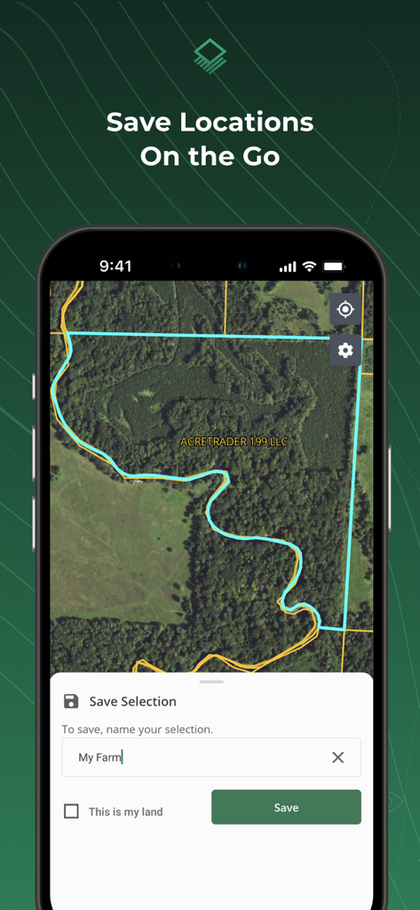 L'interface de l'application Acres montrant une carte satellite avec une parcelle foncière mise en surbrillance et une invite à enregistrer la sélection.