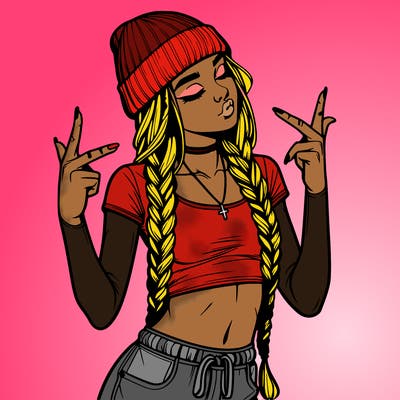 realistic teenage girl with braids and a beanie and crop top doing 🫶🏼