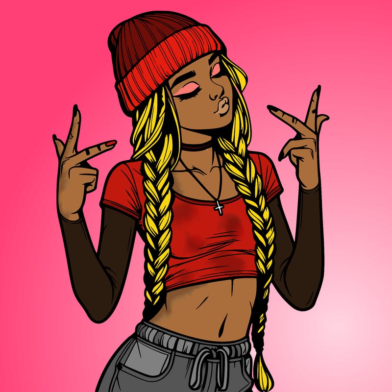 realistic teenage girl with braids and a beanie and crop top doing 🫶🏼