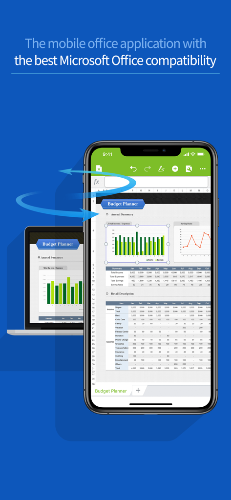 Polaris Office for BlackBerry displaying a budget planner spreadsheet with charts on a smartphone and laptop.