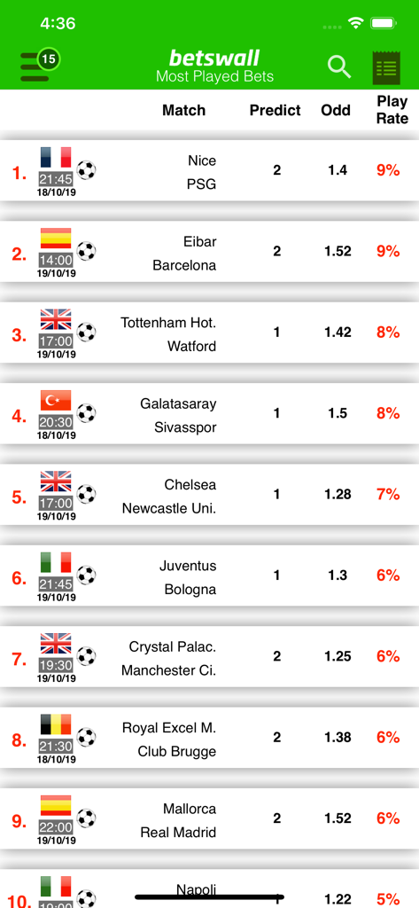 BetsWall: AI Sports & NBA Tips - BetsWall-App zeigt eine Liste der am häufigsten gespielten Fußballwetten mit Vorhersagen und Quoten