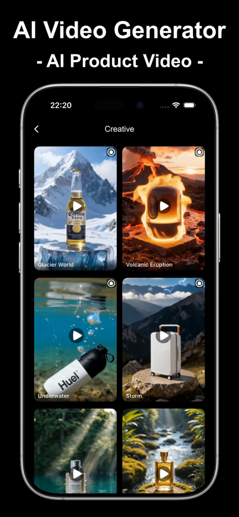 Glowya：AI Photo & Video Editor - Glowyaアプリのインターフェースで、ソーシャルメディアやEC広告用のクリエイティブなAI生成商品動画テンプレートが表示されている