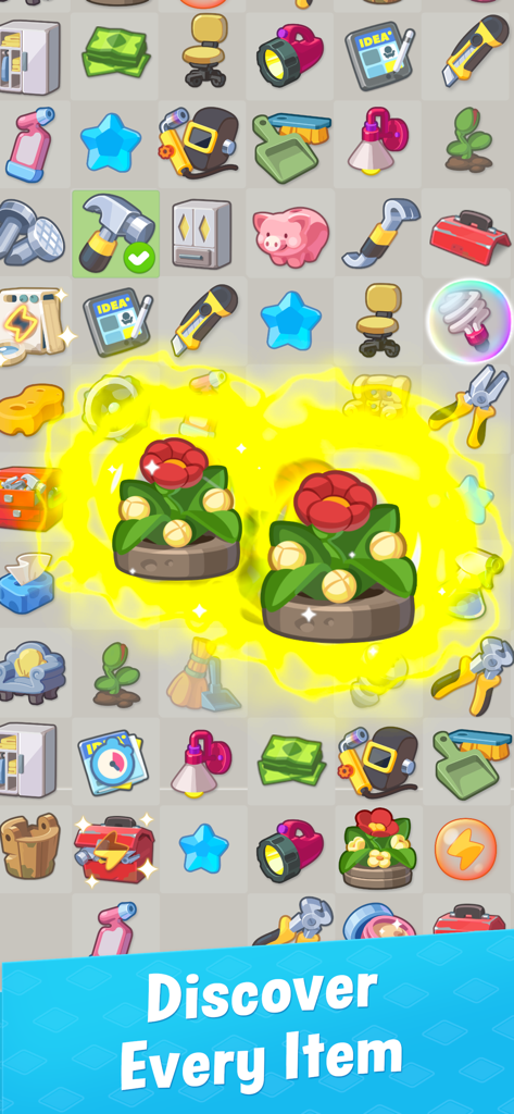 Un tableau de fusion dans Hotel Rush montrant divers objets ménagers comme des outils et des meubles, avec deux pots de fleurs mis en évidence pour la fusion.