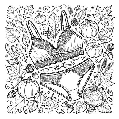 Discover the unique blend of elegance and autumn charm with this beautiful lingerie coloring page. Featuring delicate lace garments nestled among classic fall elements, it offers a sophisticated coloring escape.