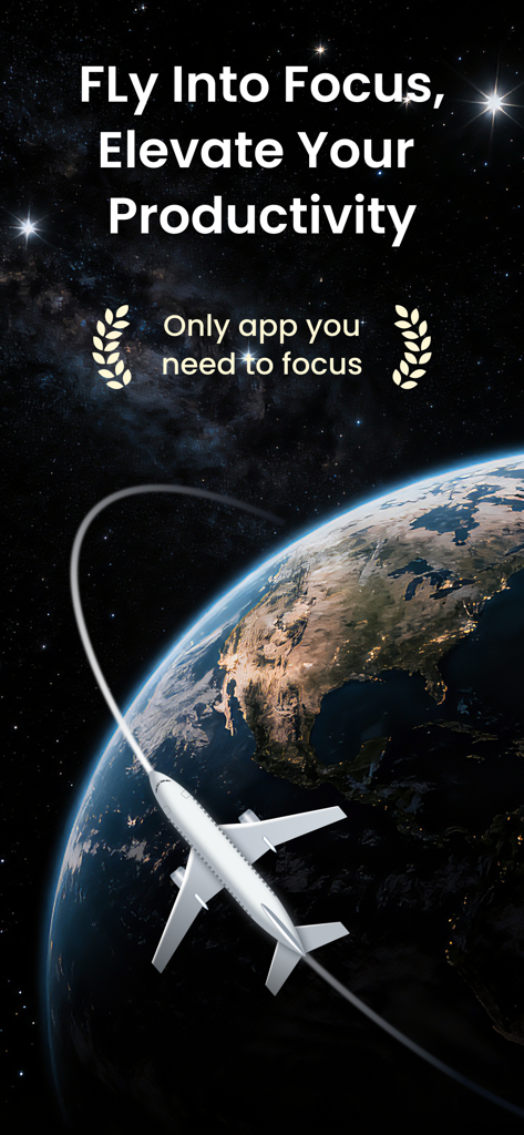 Promotional screen for FocusTok app featuring an airplane flying over Earth in space with productivity text