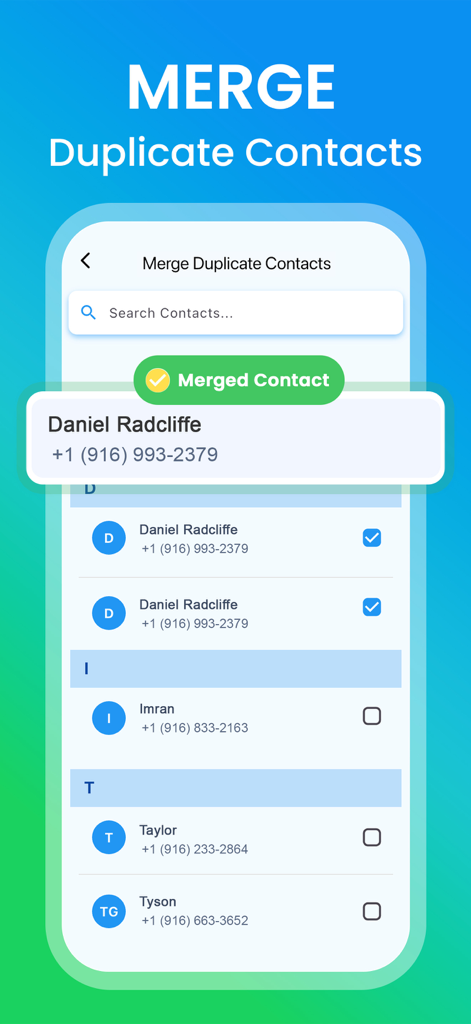 CleanUp Buddy: Phone Cleaner - A mobile interface showing the merge duplicate contacts feature of CleanUp Buddy phone cleaner