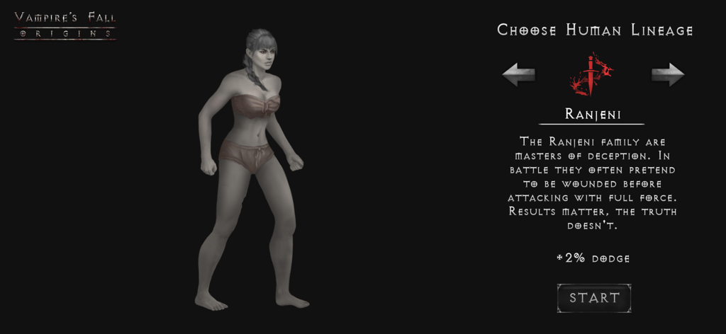 Vampires Fall Originsのキャラクター作成画面。女性キャラクターモデルでRanjeni系統の選択が表示されている