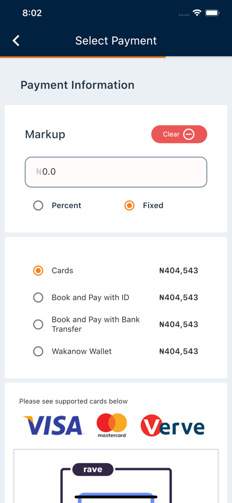 Wakanow Affiliates - The payment selection screen in the Wakanow Affiliates app showing markup settings and available payment methods including cards and bank transfer.