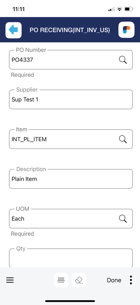 FlexiPro - Mobile Benutzeroberfläche der FlexiPro App, die den Bildschirm für den Wareneingang von Bestellungen mit Feldern für Bestellnummer, Lieferant und Artikeldetails anzeigt