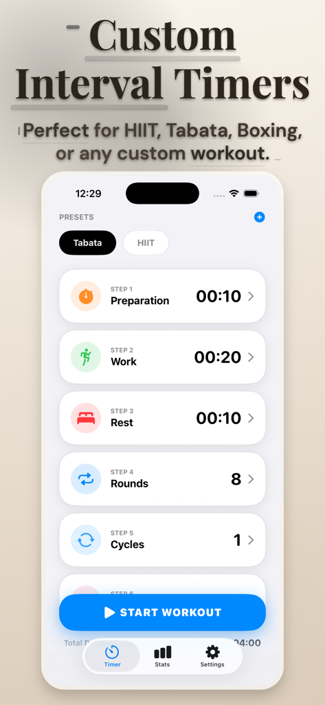 Interval Timer: Tabata Timer - Interfaz de la aplicación Interval Timer mostrando la configuración personalizada del entrenamiento para Tabata y HIIT con intervalos de trabajo y descanso.