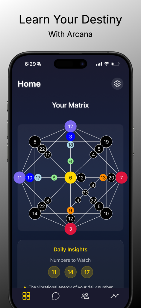 Arcana - AI Destiny Matrix - A mobile app interface displaying a colorful geometric destiny matrix chart and daily numerology insights