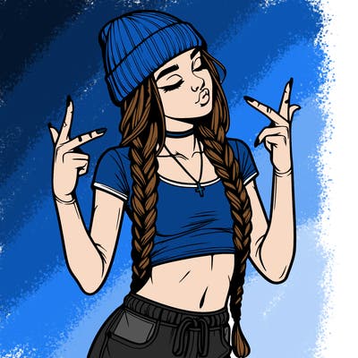 realistic teenage girl with braids and a beanie and crop top doing 🫶🏼
