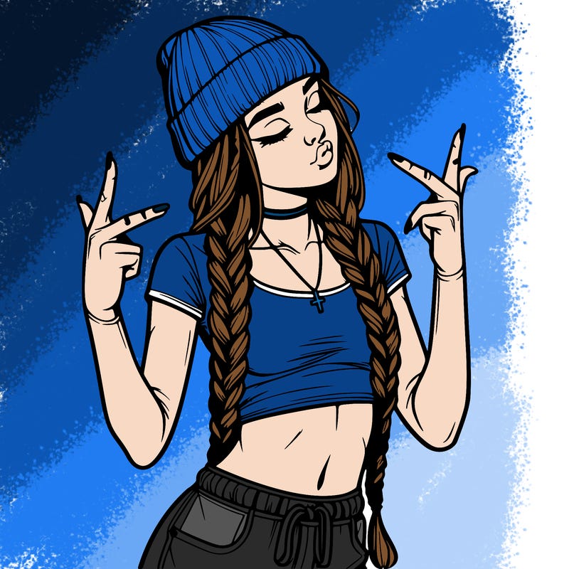 realistic teenage girl with braids and a beanie and crop top doing 🫶🏼