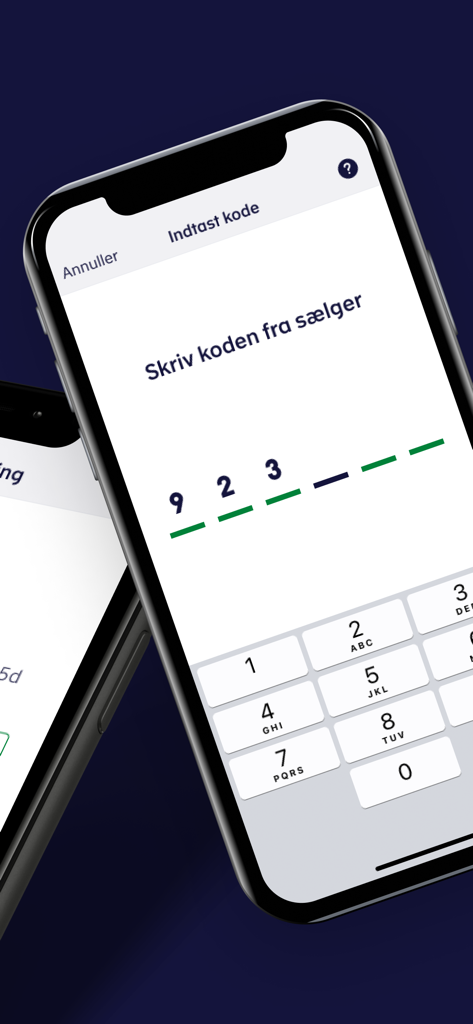 Ejerskifte - A smartphone screen from the Ejerskifte app where a buyer enters a transfer code provided by the seller to register a vehicle.