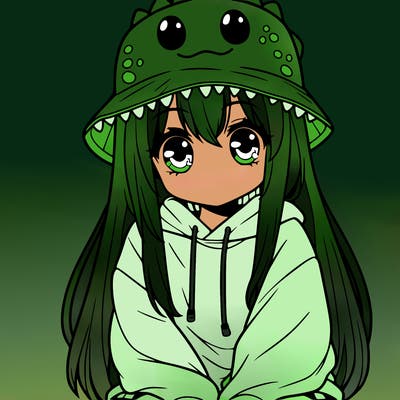 girl with anime shaped eyes with a dinosaur bucket hat oversized sweatshirt long straight hair