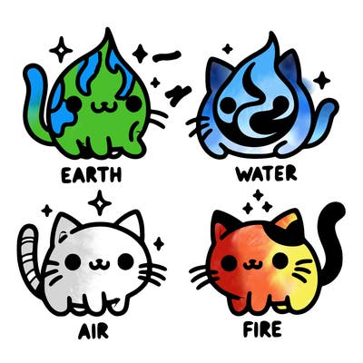 4 cats that represent the different elements, earth, water, air, and fire