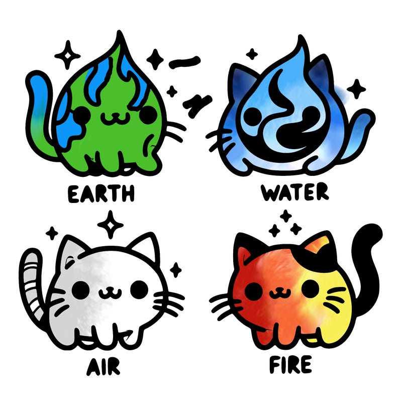 4 cats that represent the different elements, earth, water, air, and fire
