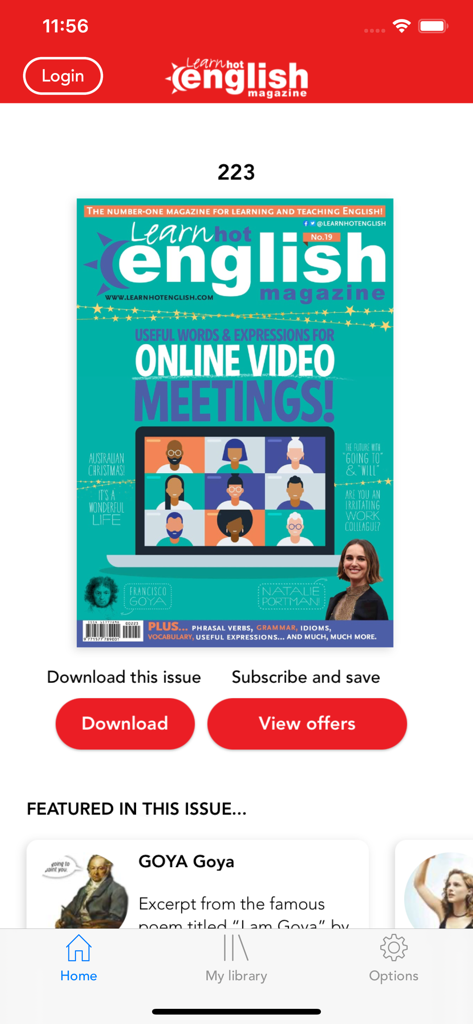 Pantalla de inicio de la aplicación de la revista Learn Hot English mostrando un número de revista sobre reuniones de video en línea.