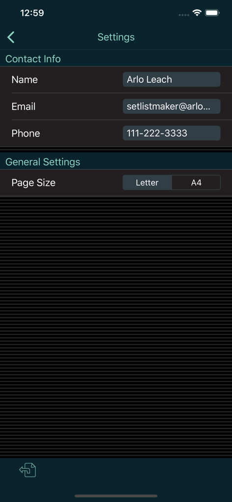 Settings menu of the Stage Plot Maker app showing contact information fields and page size selection.