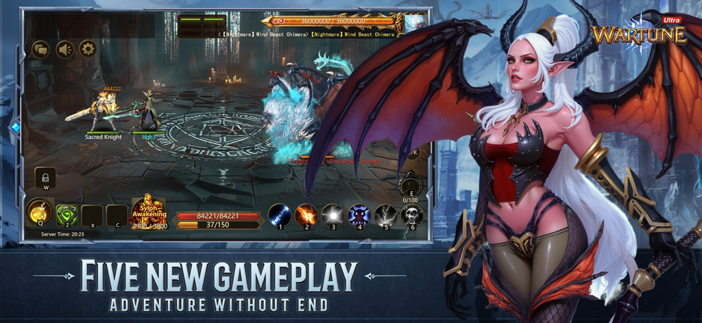 Wartune Ultra - Wartune Ultra turn-based fantasy RPG battle scene with heroes and boss chimera