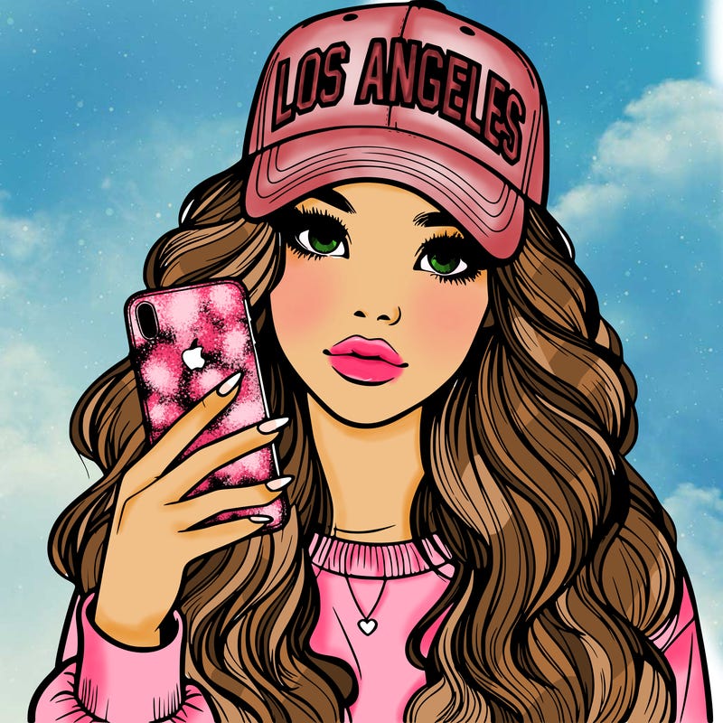 realistic beautiful girl wearing los ángeles cap holding an iphone