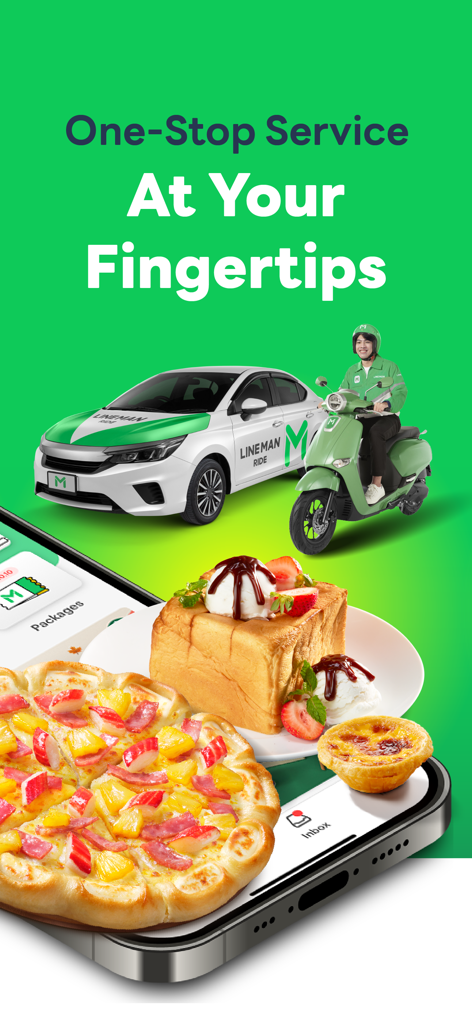 LINE MAN: Food Delivery & more - LINE MAN app promotional screen showing food delivery and ride hailing services