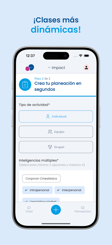 AI Teacher Assistant - Benutzeroberfläche der KI-Lehrerassistent-Mobil-App zur Erstellung von Unterrichtsplänen mit Auswahlmöglichkeiten für Aktivität und Intelligenztyp