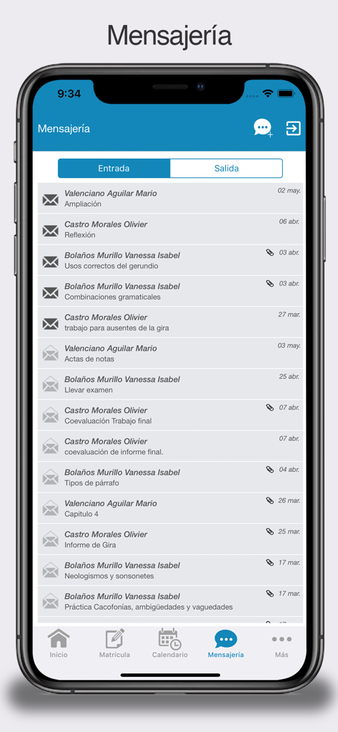 Messaging inbox interface of the Class Universidades mobile app showing messages from university staff.