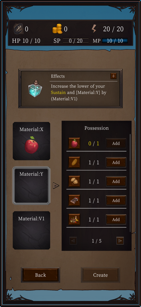 Ax RPG II - Une capture d'écran de l'interface de création et d'artisanat d'objets dans le jeu mobile Ax RPG II montrant les matériaux et les descriptions des effets.