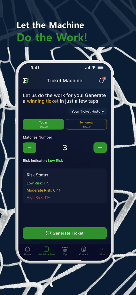 Enki's Football Stats - Interfaz de la Máquina de Boletos de Estadísticas de Fútbol de Enki mostrando selección de partidos y opciones de nivel de riesgo