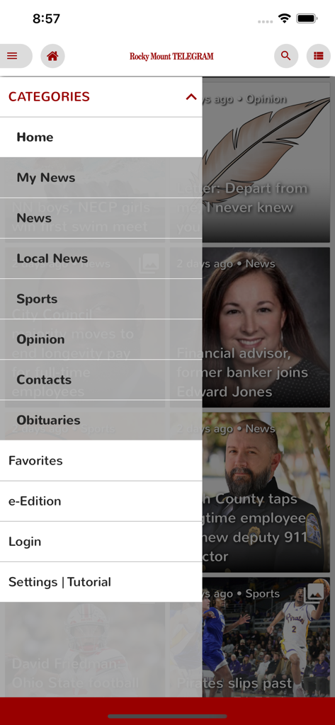 Navigation menu of the RM Telegram app showing categories like Local News Sports and Obituaries.