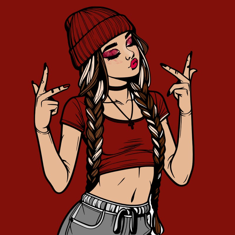 realistic teenage girl with braids and a beanie and crop top doing 🫶🏼