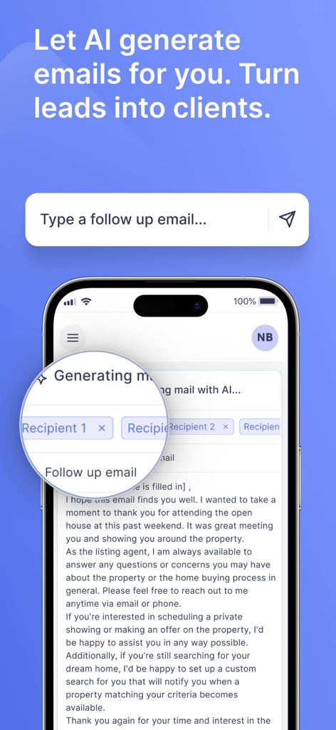 Atllas: AI for Real Estate - Ein mobiler Bildschirm, der zeigt, wie KI eine professionelle Follow-up-E-Mail für Immobilien generiert, um Leads in Kunden umzuwandeln