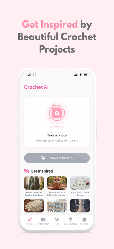 Crochet AI: Crochet Patterns - Main screen of the Crochet AI app showing the pattern generation feature and project inspiration gallery
