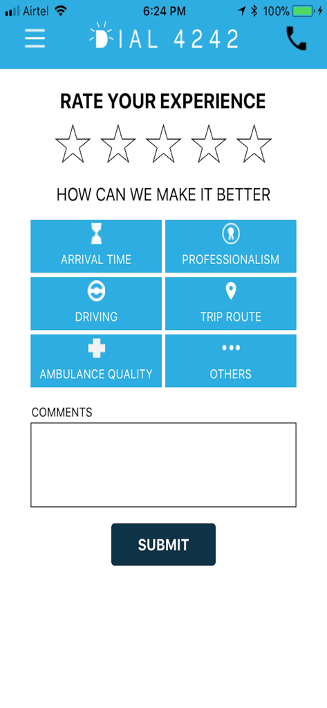 DIAL4242 - DIAL4242 app user feedback screen to rate ambulance service experience