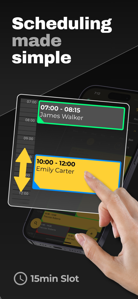 A mobile app interface for tattoo artists showing a dark mode calendar with drag and drop appointment scheduling and fifteen minute time slots.