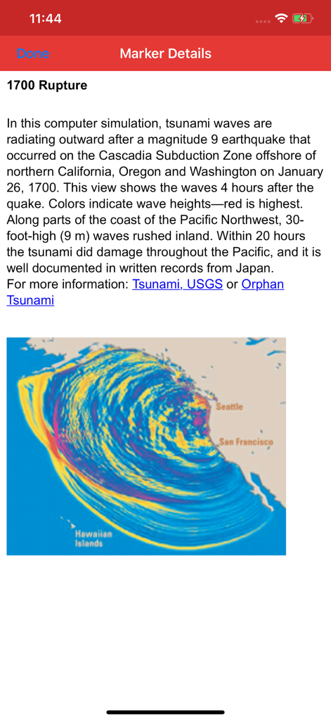 Kmz Viewer-Kmz Converter app - 津波シミュレーションマップと説明文を含むマーカーの詳細情報を表示するKmz Viewerアプリの画面