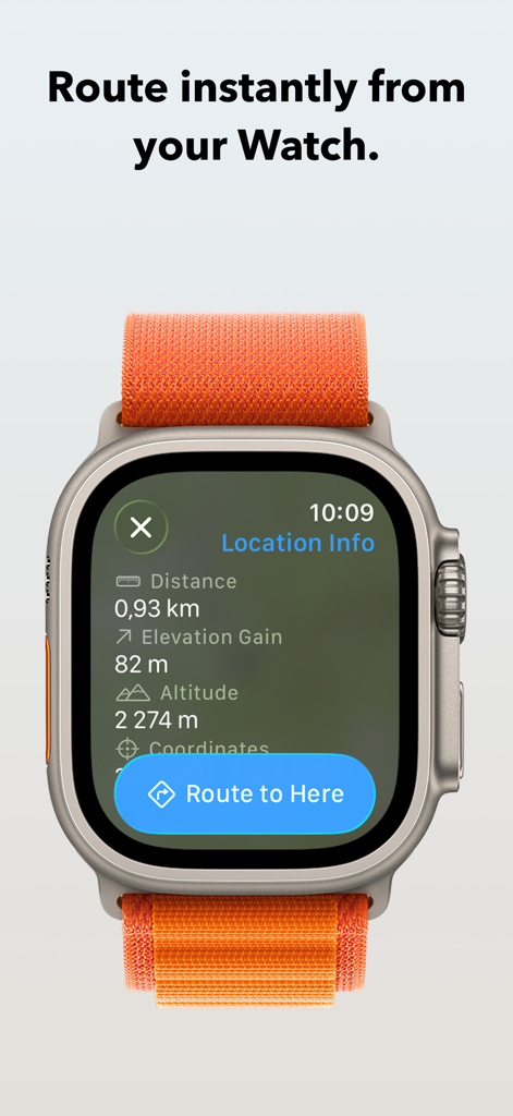 WristTopo: Offline Navigation - WristTopo app on Apple Watch showing the Location Info screen and a button to Route to Here