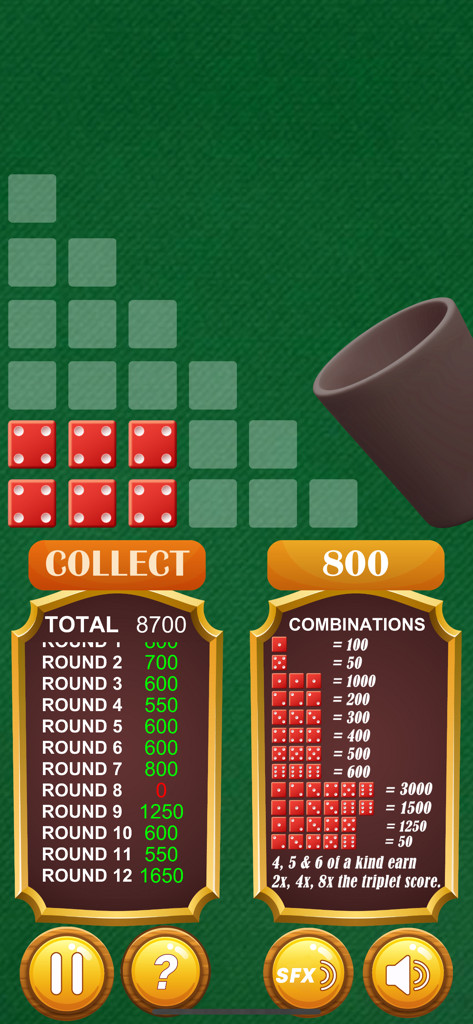 10000 Dice game Pro - Gameplay screen of 10000 Dice Game Pro showing scoring combinations and round totals