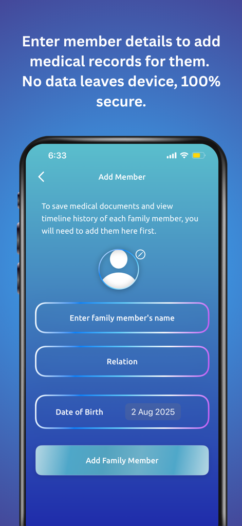 MediTrack - Family Health - Écran de l'application MediTrack montrant un formulaire pour ajouter un membre de la famille avec des champs pour le nom, la relation et la date de naissance