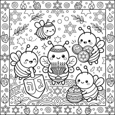 Get ready for a heartwarming Hanukkah with this incredibly cute coloring page featuring cheerful Kawaii bees. Discover a delightful scene filled with traditional symbols like menorahs, dreidels, and sweet treats, all rendered in an irresistible style.