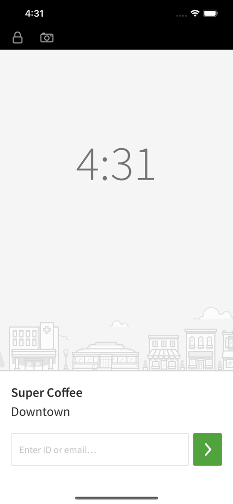 Time Clock Terminal - Time Clock Terminal app showing an employee clock in screen for a coffee shop with ID entry field and current time