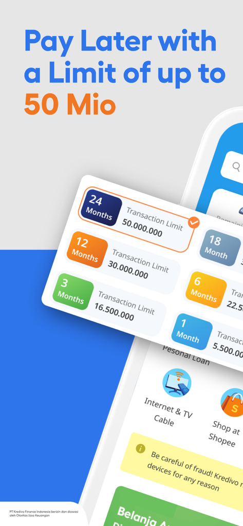 Kredivo app screen showing various monthly installment options and transaction credit limits.